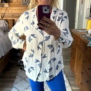 Women's White and Blue Patterned Top with Koi design